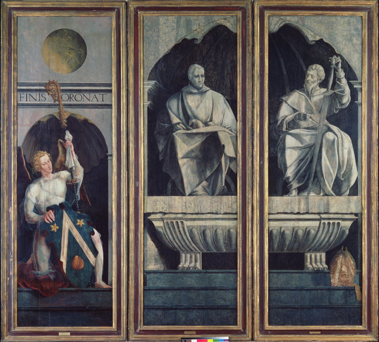 Engel presenteert St. Stefanus en St. Jacobus de Meerdere met de wapens van Jacques Coëne, abt van Marchiennes, uit het Polyptiek van St. Stefanus en St. Jacobus de Meerdere, ca. 1541 door Jan van Scorel