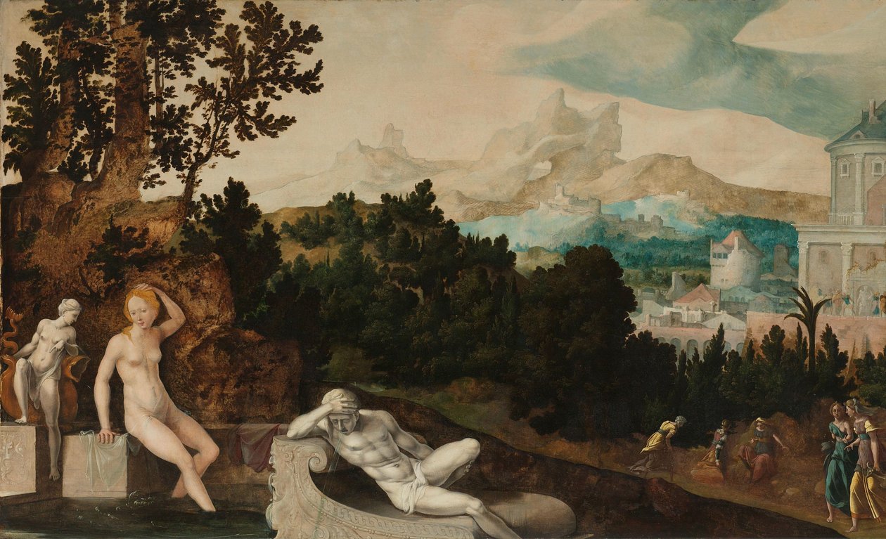 Landschap met Bathseba door Jan van Scorel