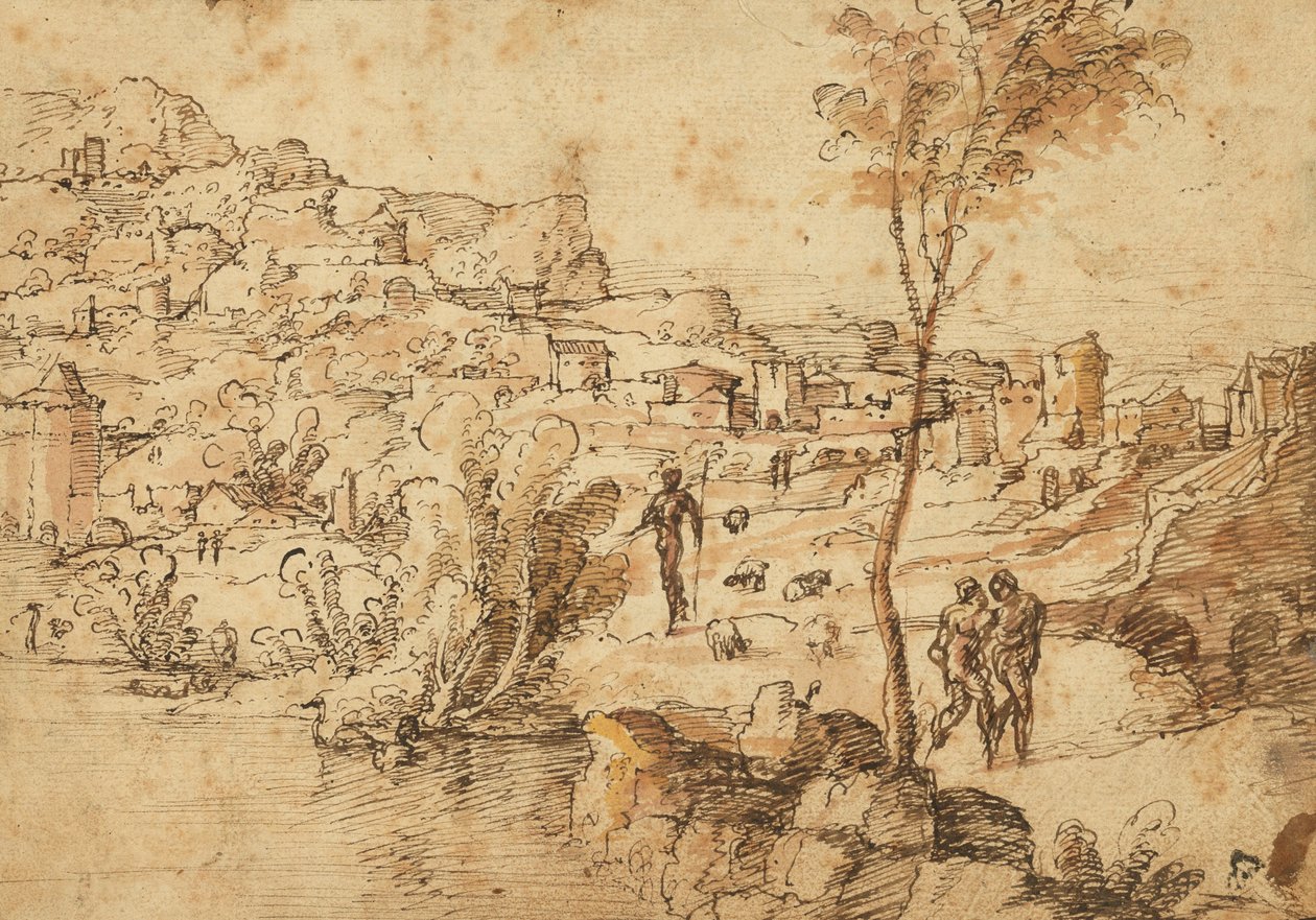 Landschap met herders bij een rivier en een stad erachter (recto); Figuurstudies en Romeinse ruïnes (verso) door Jan van Scorel