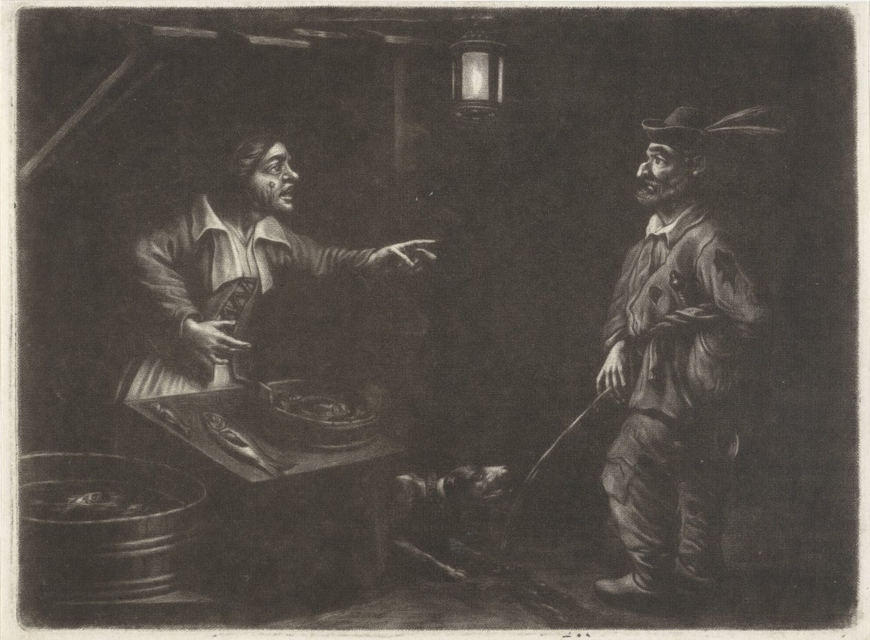 Nachtgezicht met visverkoopster en een urinerende man door Jan van Somer