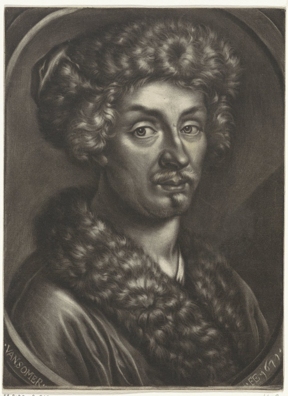 Portret van een man met een bontmuts door Jan van Somer