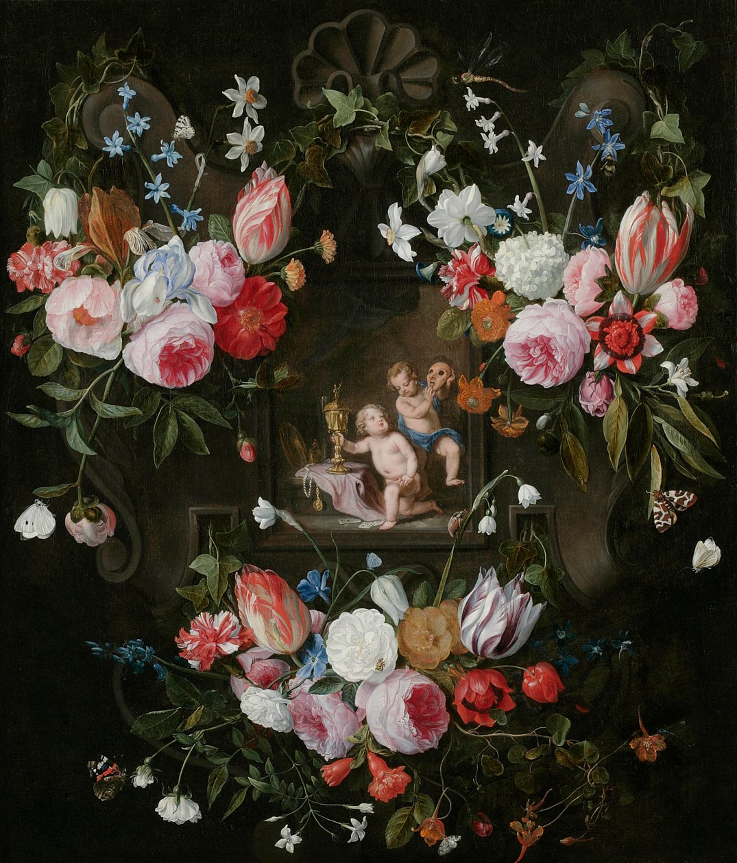 Een Cartouche Stilleven van Bloemen Rondom een Allegorisch Beeld van Putti met Kostbare Objecten en een Masker, 1648 door Jan van and Balen, Hendrik van Kessel