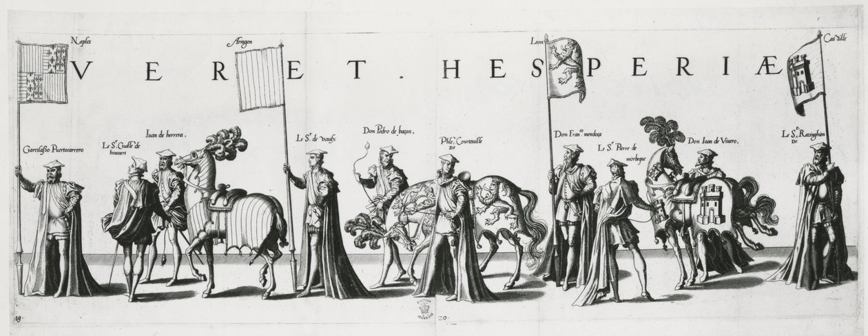 Wapens van Castilië en León bij de begrafenisstoet van keizer Karel V, 1559 door Jan van and Doetechum Doetechum the elder