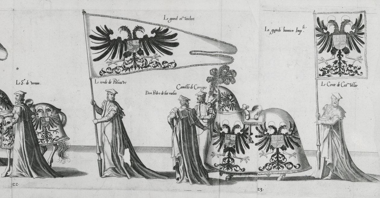 Banners bij de begrafenisstoet van keizer Karel V, 1559 door Jan van and Doetechum Doetechum the elder