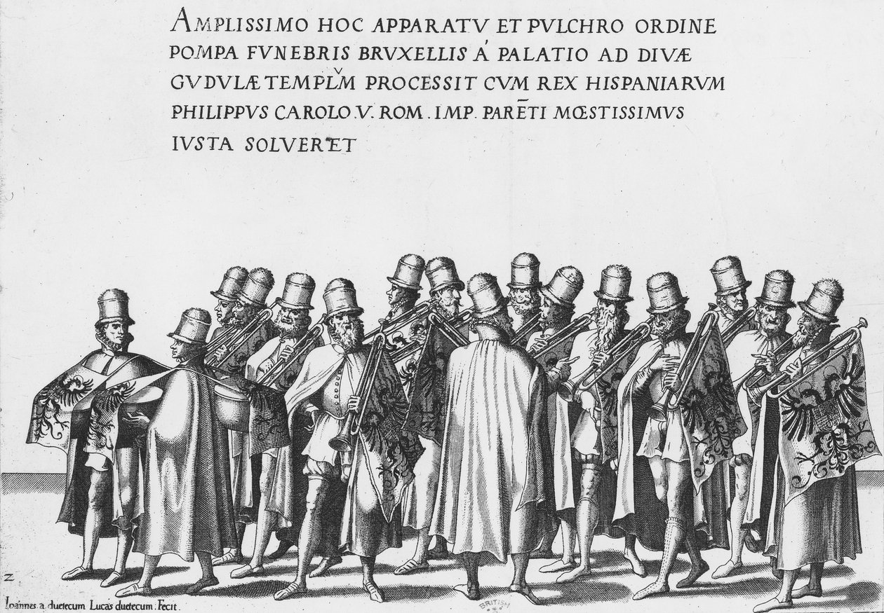 Groep trompetters bij de begrafenisstoet van keizer Karel V, 1559 door Jan van and Doetechum Doetechum the elder
