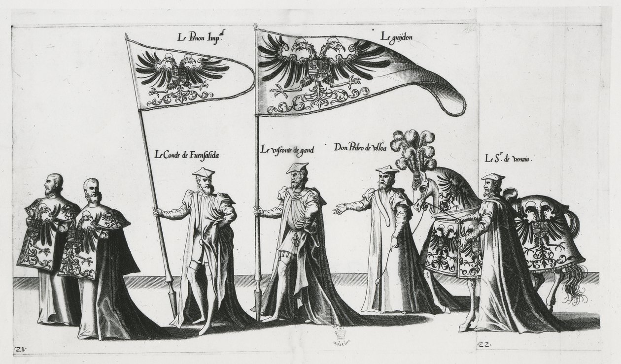 Keizerlijke banier bij de begrafenisstoet van keizer Karel V door Jan van and Doetechum Lucas van and Bol Hans Doetechum the elder