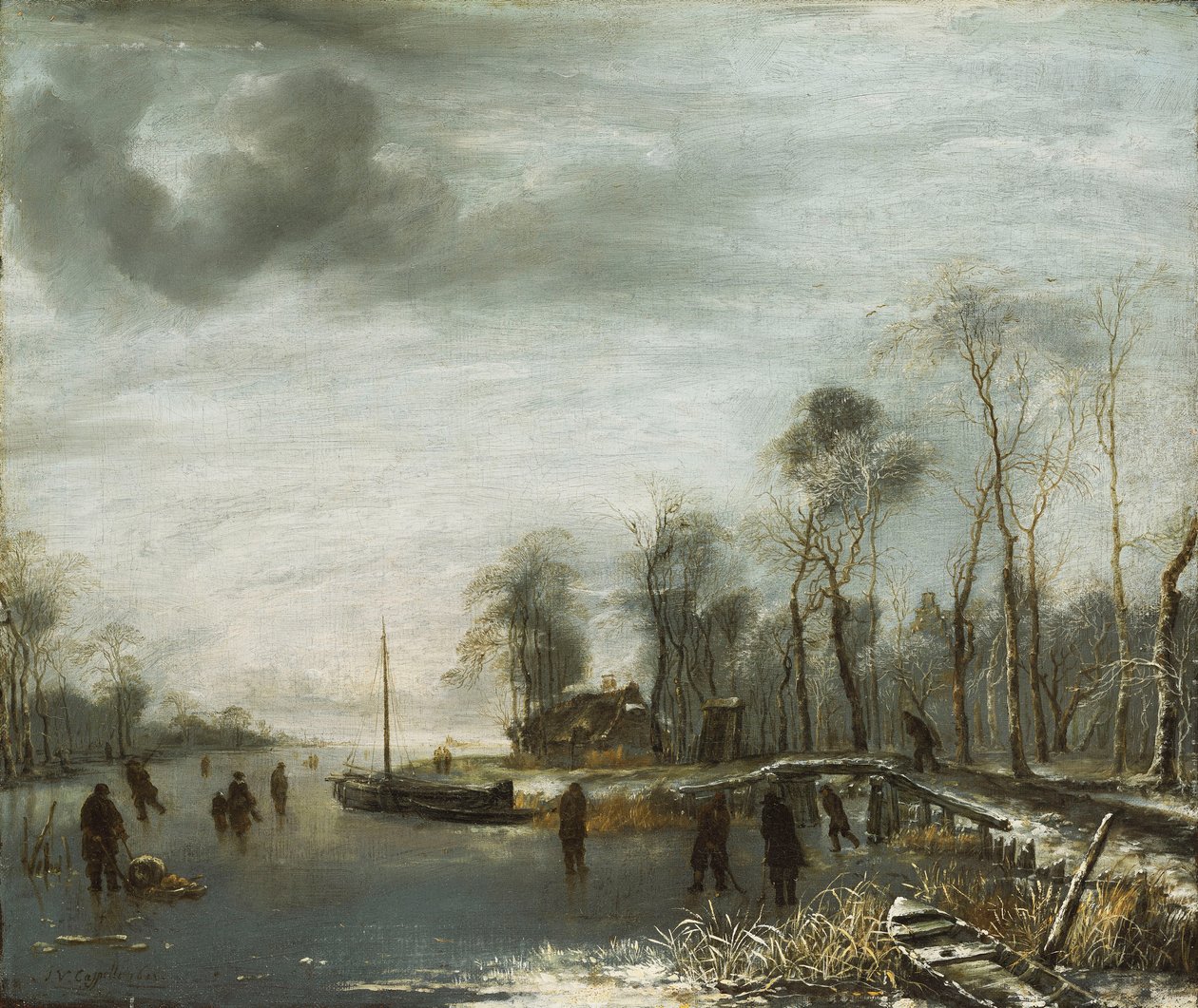 Een winterlandschap met schaatsers en colfspelers op een bevroren waterweg, 1653 door Jan van de Capelle or Cappelle