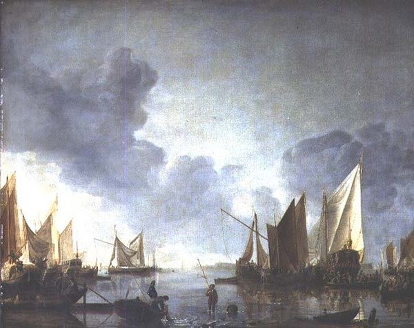 Een kalmte, met een hoogwaardigheidsbekleder in een staatsboot en vissers op de voorgrond door Jan van de Capelle or Cappelle