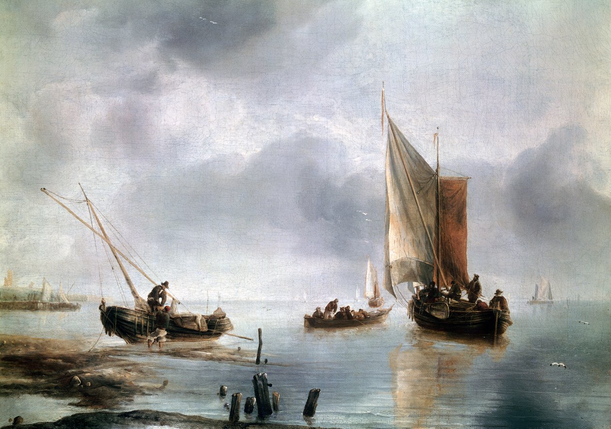 Een klein schip in lichte wind, en een ander aan de grond, ca. 1650-1660, door Jan van de Cappelle (olie op doek) door Jan van de Capelle or Cappelle