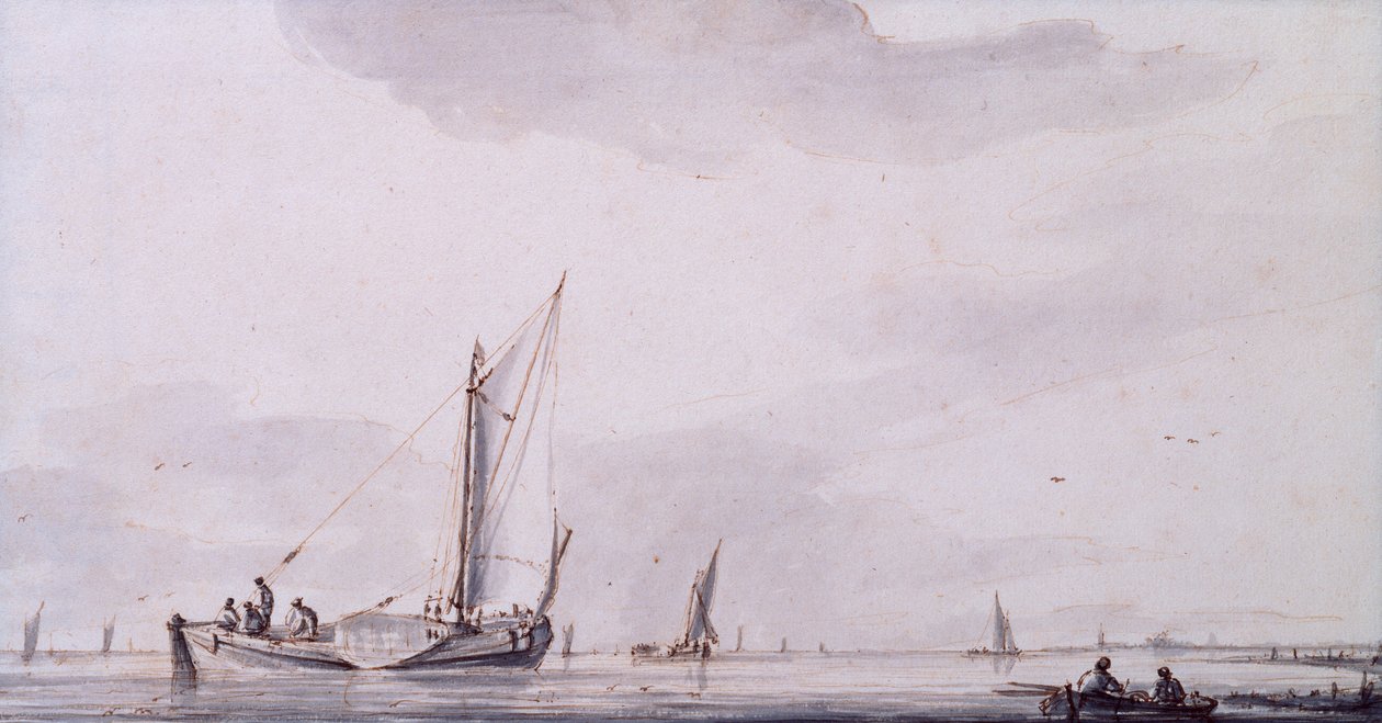 Vissers en zeilboten op een riviermonding in een kalmte door Jan van de Capelle or Cappelle
