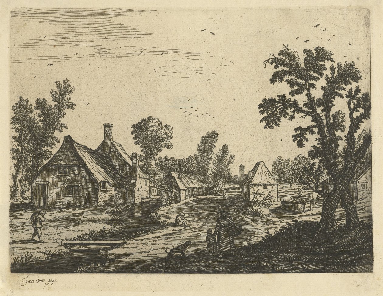 Dorpsgezicht met vrouw en kind in de dorpsstraat door Jan van de Cappelle (attributed to)