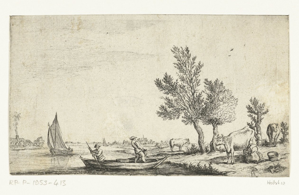 Rivierlandschap met twee mannen in een roeiboot door Jan van de Cappelle (attributed to)