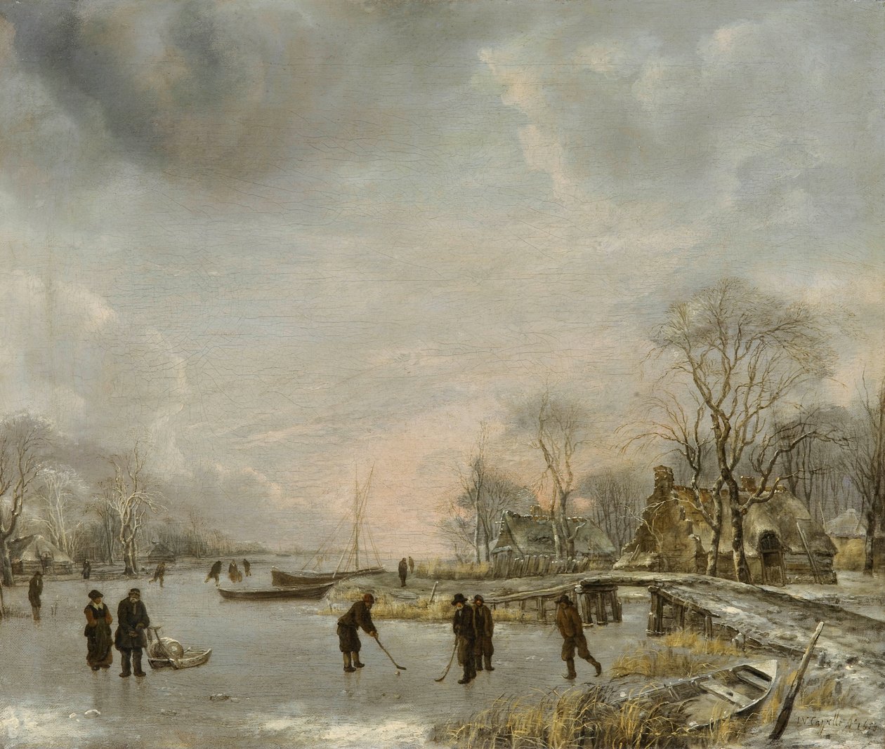 Dutch: Winterlandschap met kolfspelers A View on a Canal in Winter door Jan van de Cappelle