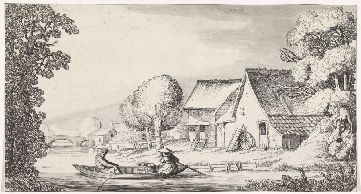 Boer en boerin in een roeiboot door Jan van de Velde (II)