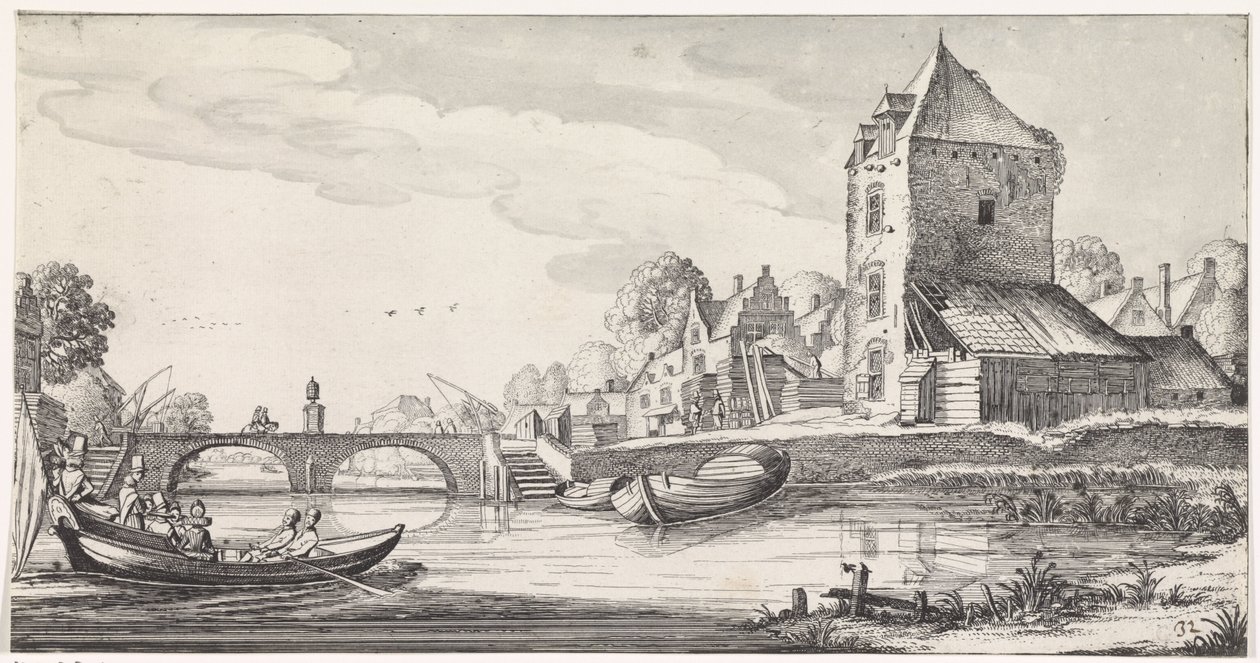 Dorp aan een rivier door Jan van de Velde (II)