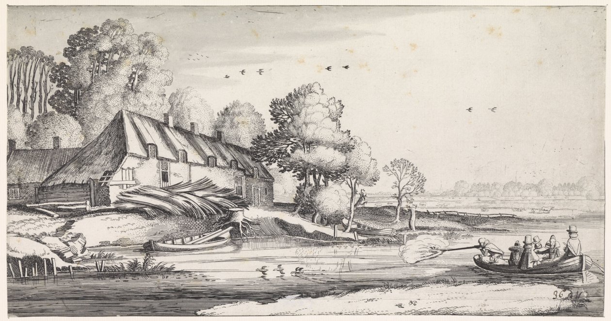 Eendenjacht op een rivier bij een boerderij door Jan van de Velde (II)