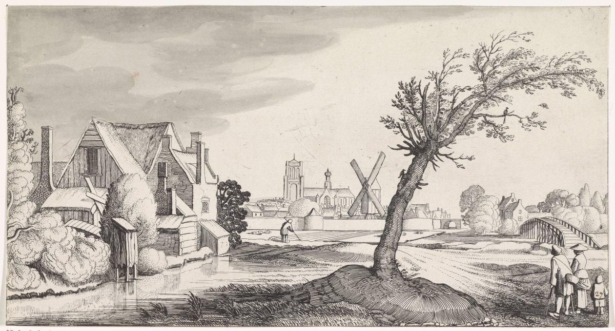Familie bij een huis met een stad op de achtergrond door Jan van de Velde (II)