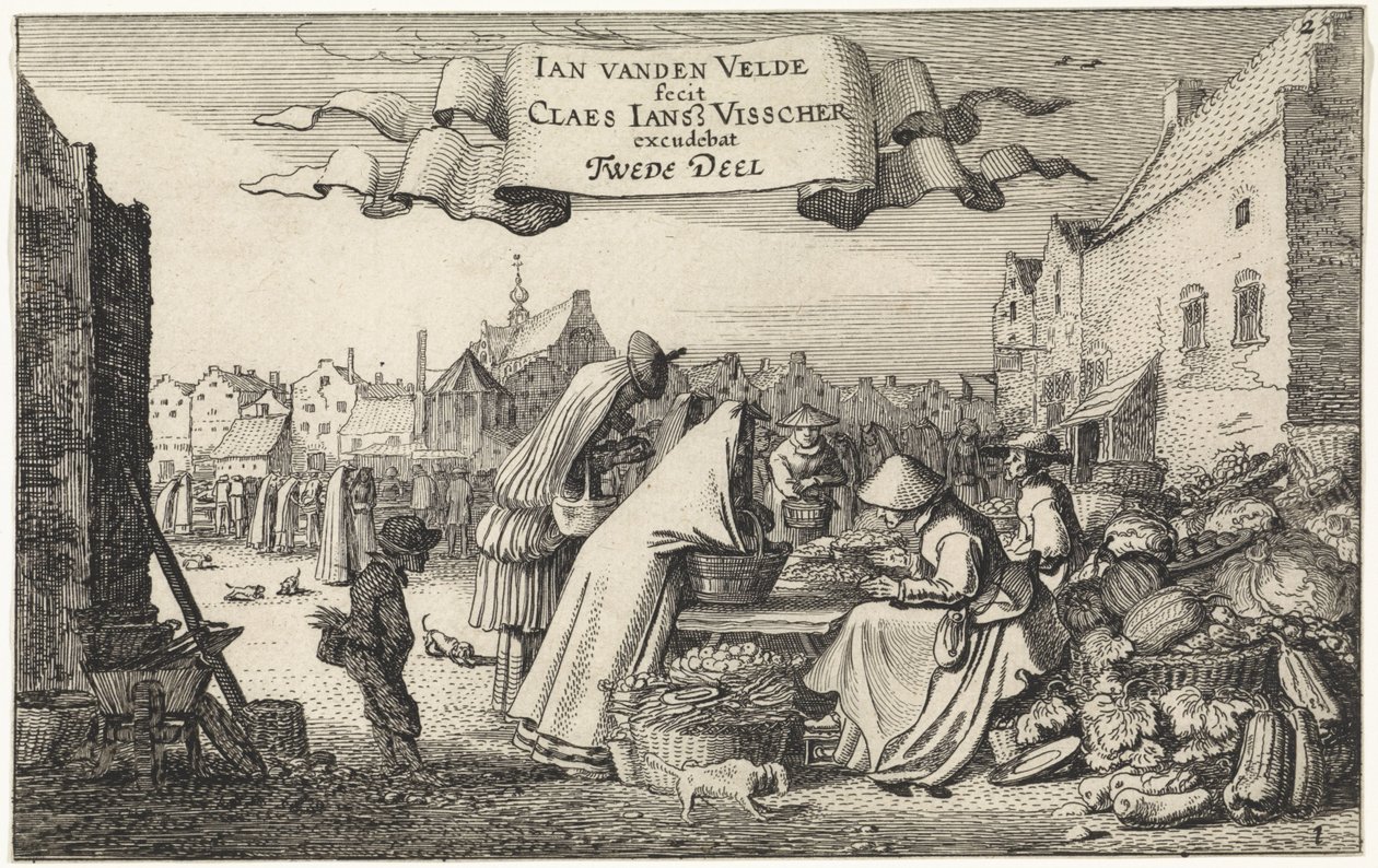 Figuren bij een groentekraam op een markt door Jan van de Velde (II)