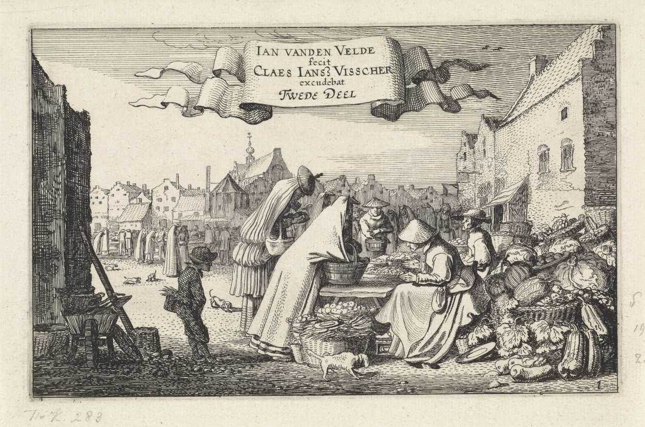 Figuren bij een groentekraam op een markt door Jan van de Velde (II)