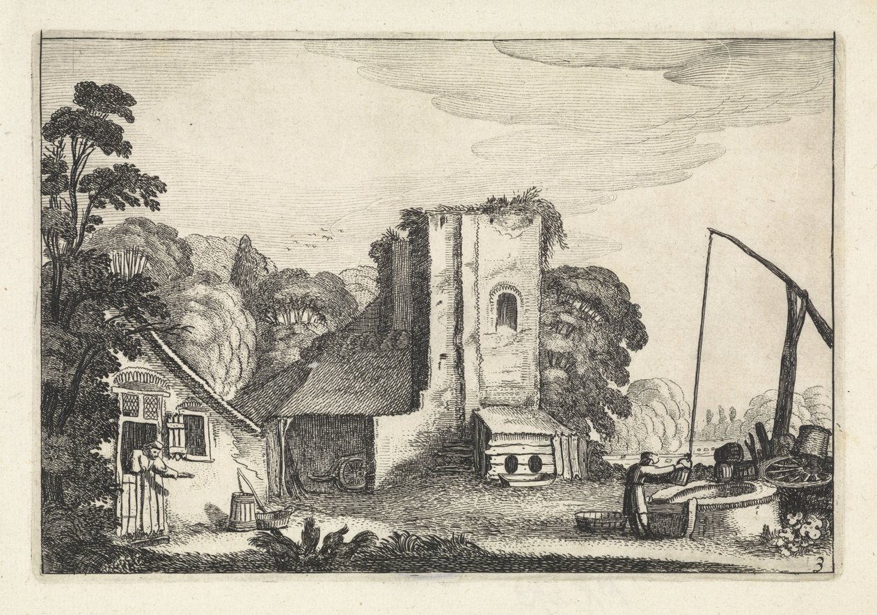 Figuren bij een herberg bij avond door Jan van de Velde (II)