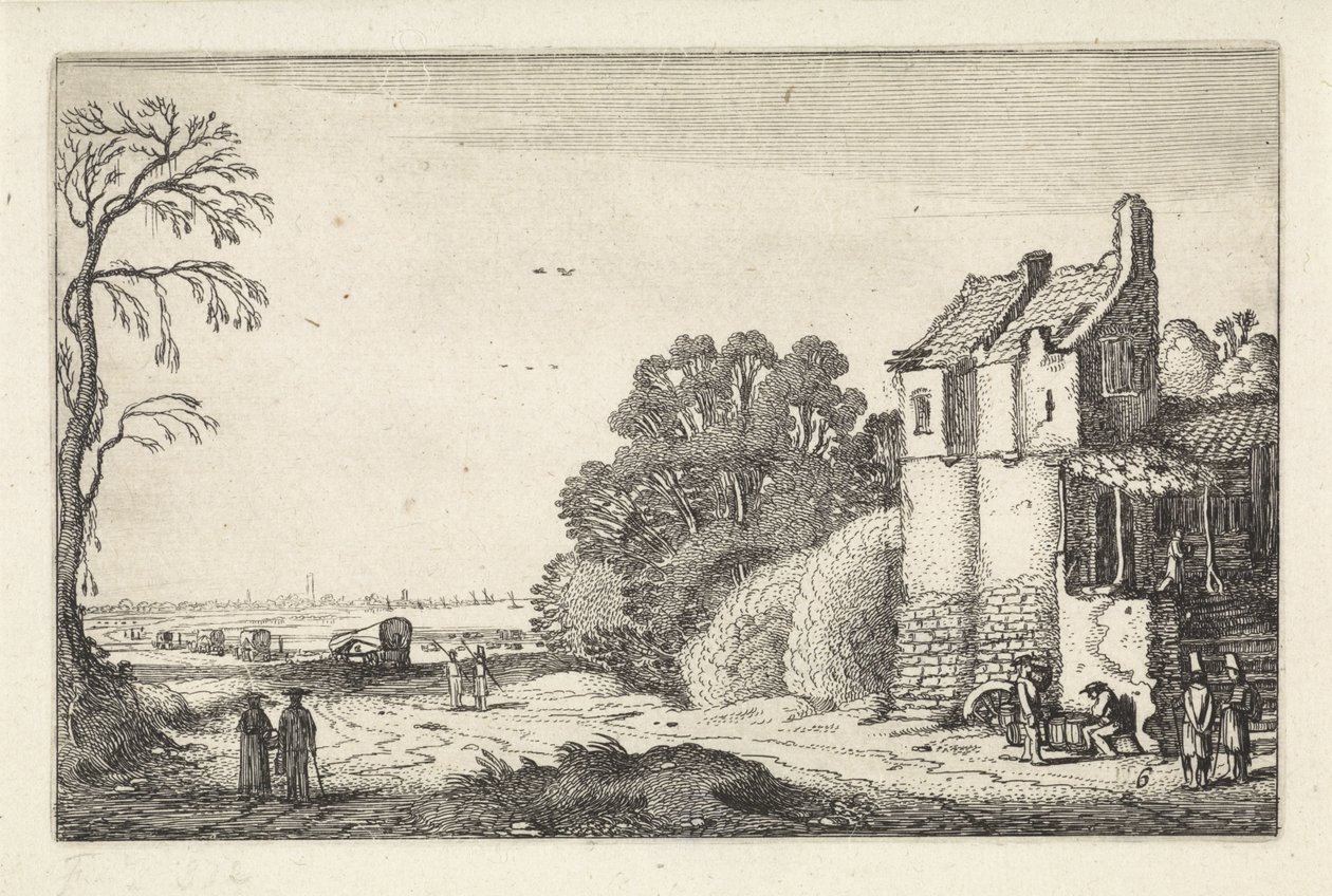 Figuren bij een huis en huifkarren op een landweg door Jan van de Velde (II)