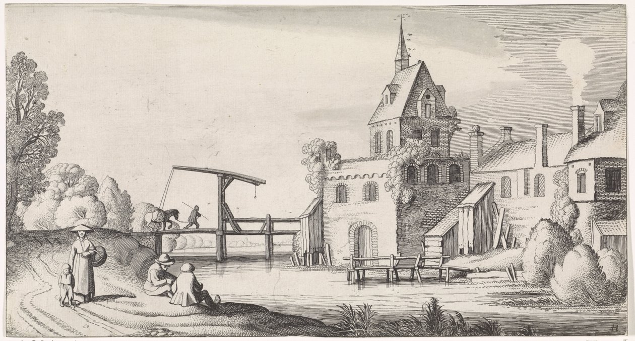 Figuren bij een ophaalbrug voor een dorp met kerktoren door Jan van de Velde (II)