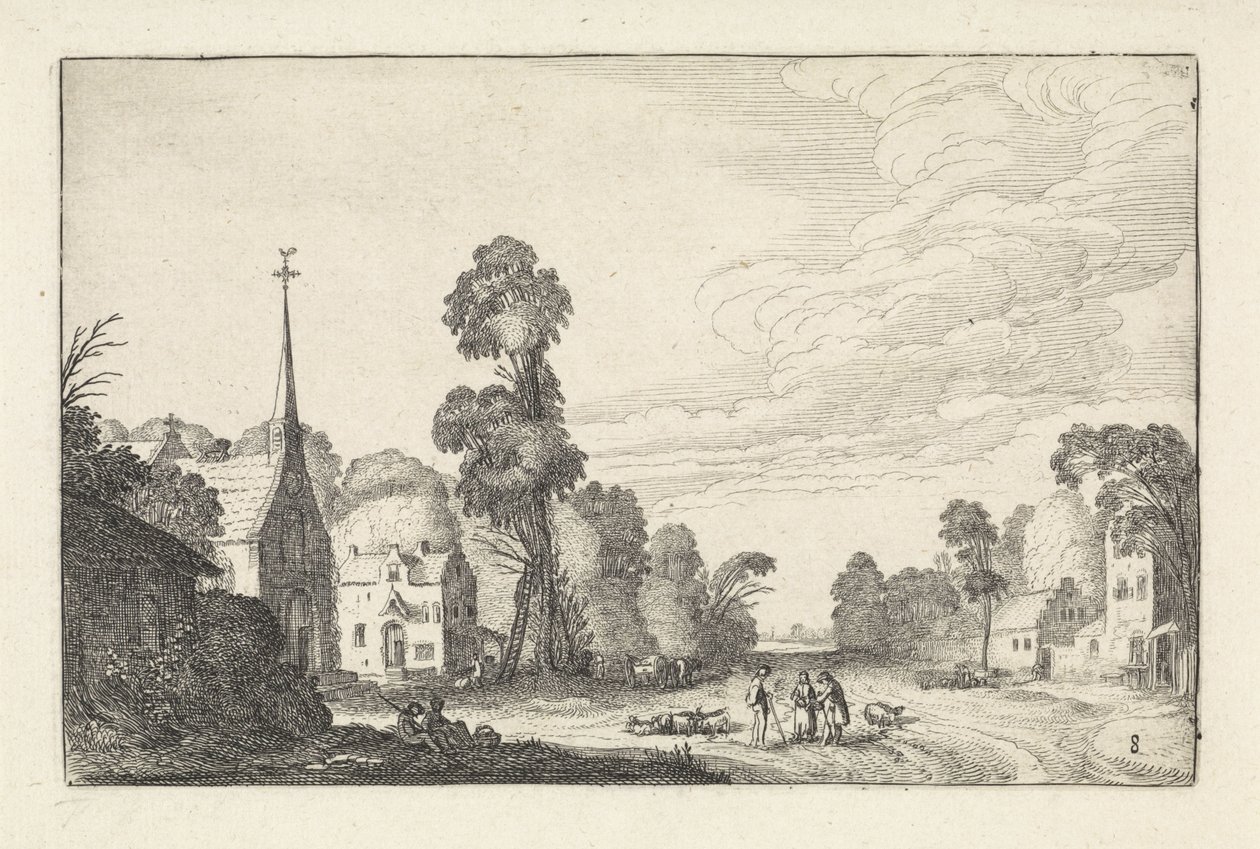 Figuren en vee in een dorp met een kerk door Jan van de Velde (II)