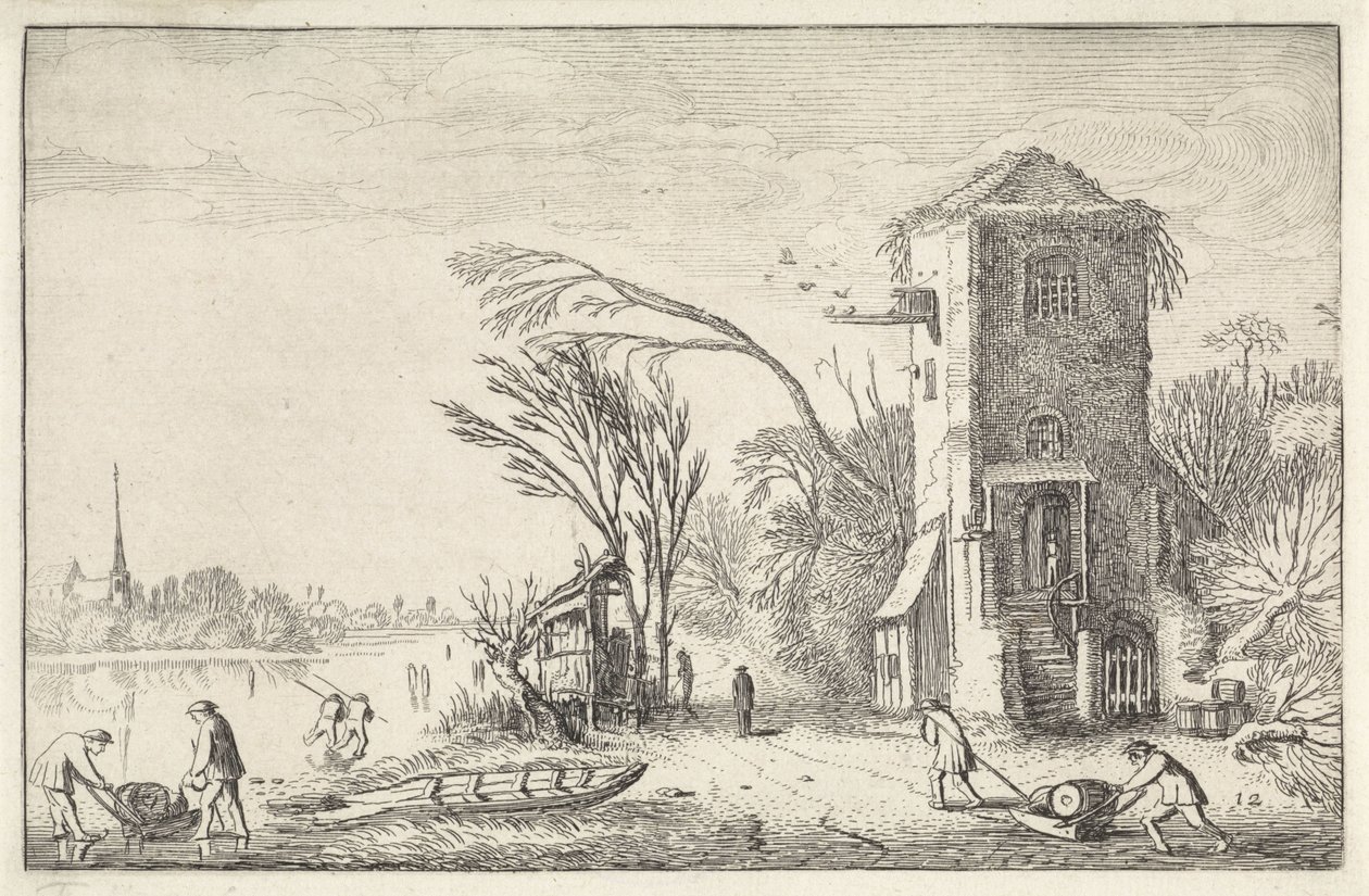 Figuren in een winterlandschap met een toren door Jan van de Velde (II)