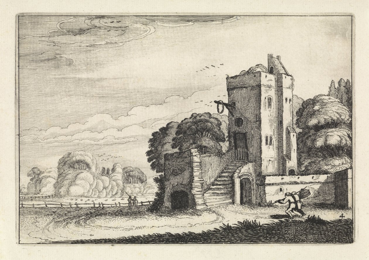 Figuren met een vogelmand bij een toren in een landschap Landschappen (series title) Amenissimae aliquot requculae (series title) door Jan van de Velde (II)