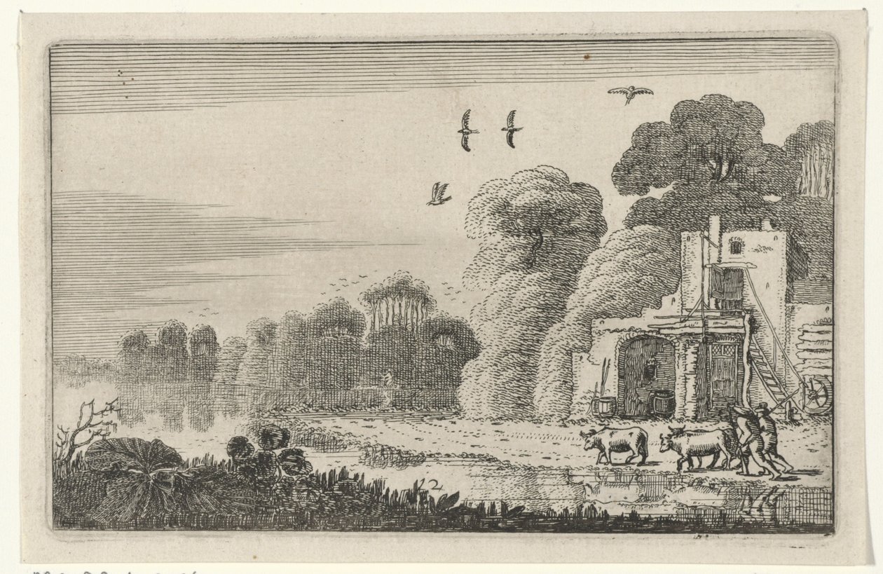 Figuren met koeien bij een ruïne door Jan van de Velde (II)