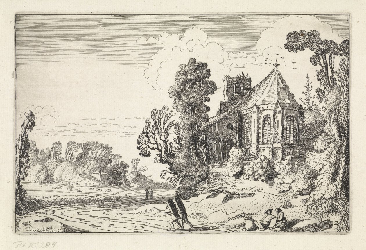 Figuren op een landweg bij een kerkruïne door Jan van de Velde (II)