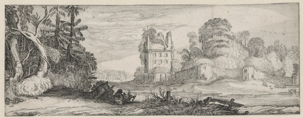 Gezicht op een ruïne van een huis bij een muur door Jan van de Velde (II)