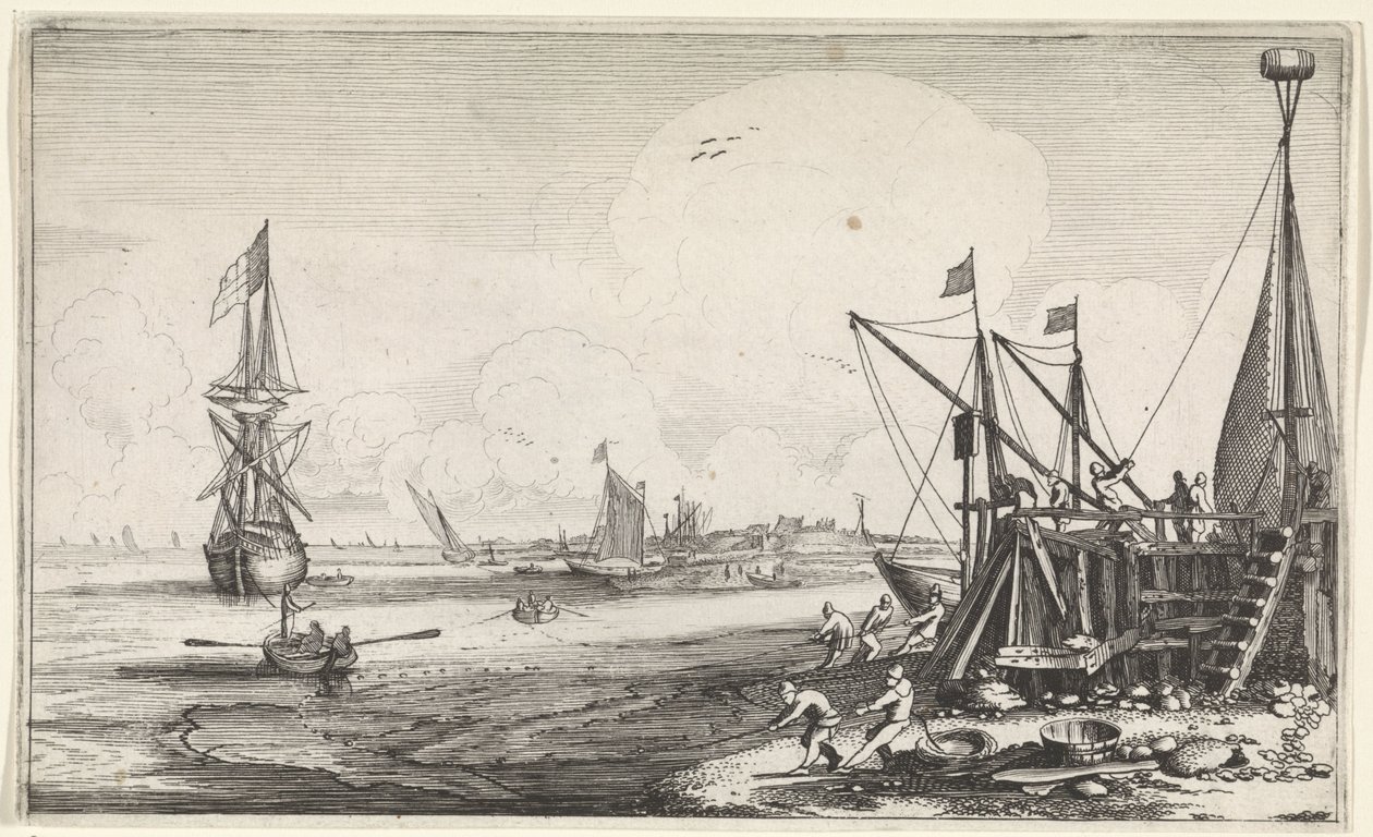 Havenhoofd met vissers die hun netten binnenhalen door Jan van de Velde (II)