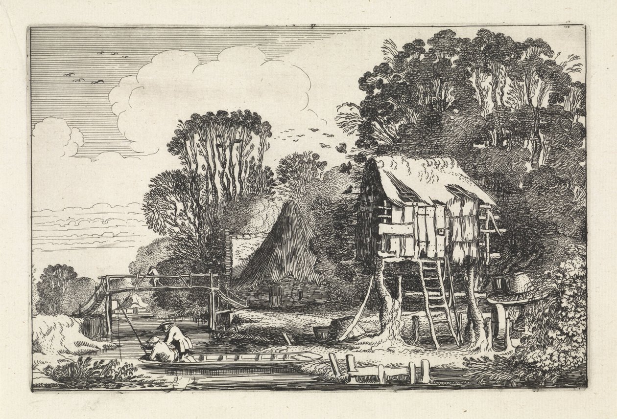 Hengelaars in een boot bij een duiventil door Jan van de Velde (II)