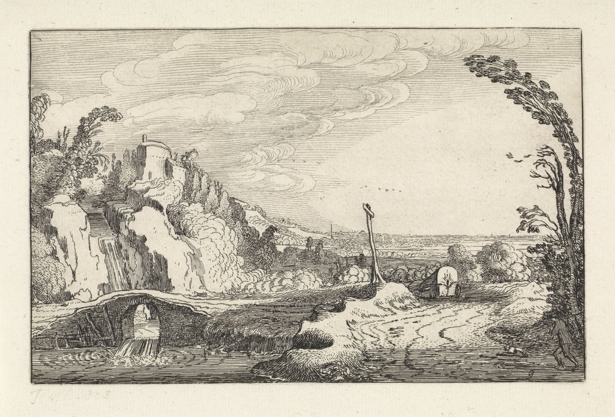 Huifkar op een pad in een bergachtig rivierlandschap door Jan van de Velde (II)
