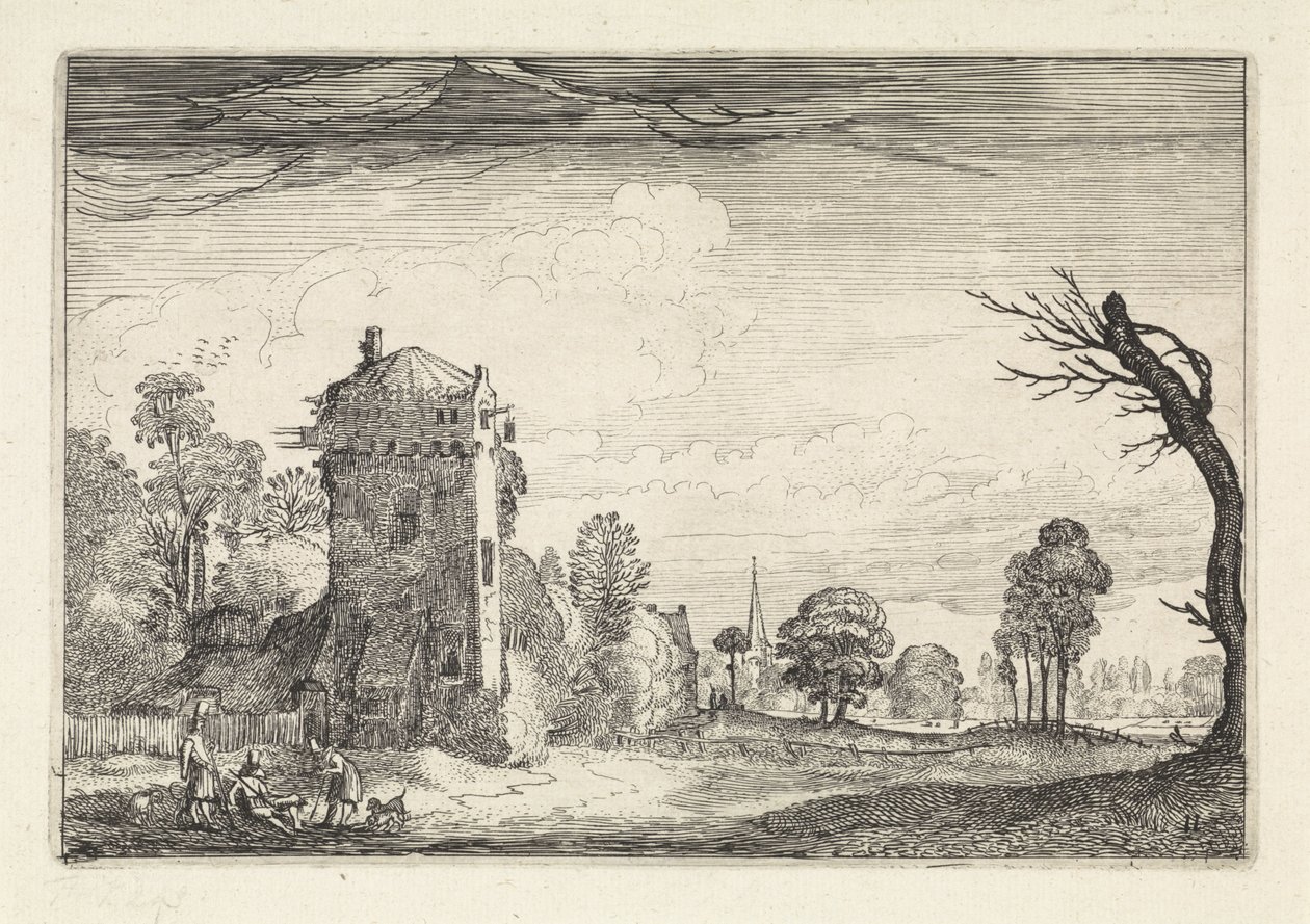 Jagers met honden bij een toren in een landschap (Landschappen, Amenissimae aliquot requculae) door Jan van de Velde (II)