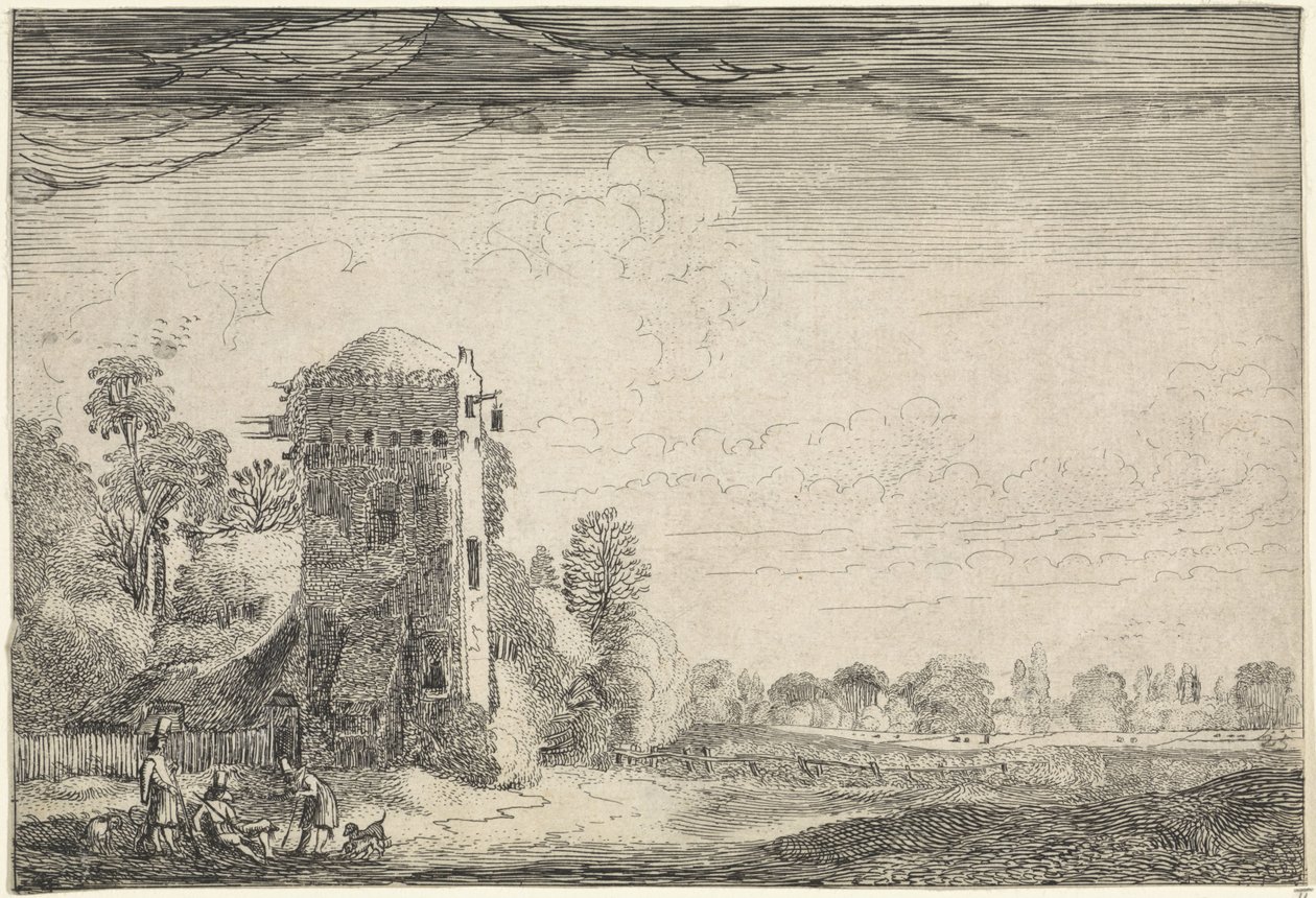 Jagers met honden bij een toren in een landschap door Jan van de Velde (II)
