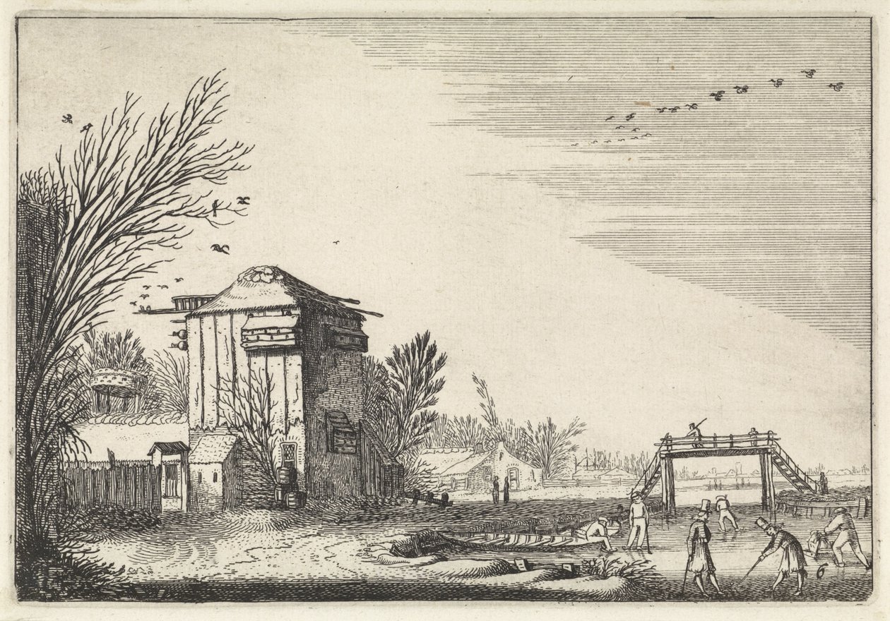 Kolfspelers op het ijs bij een duiventil (Landschappen / Amenissimae aliquot requculae) door Jan van de Velde (II)