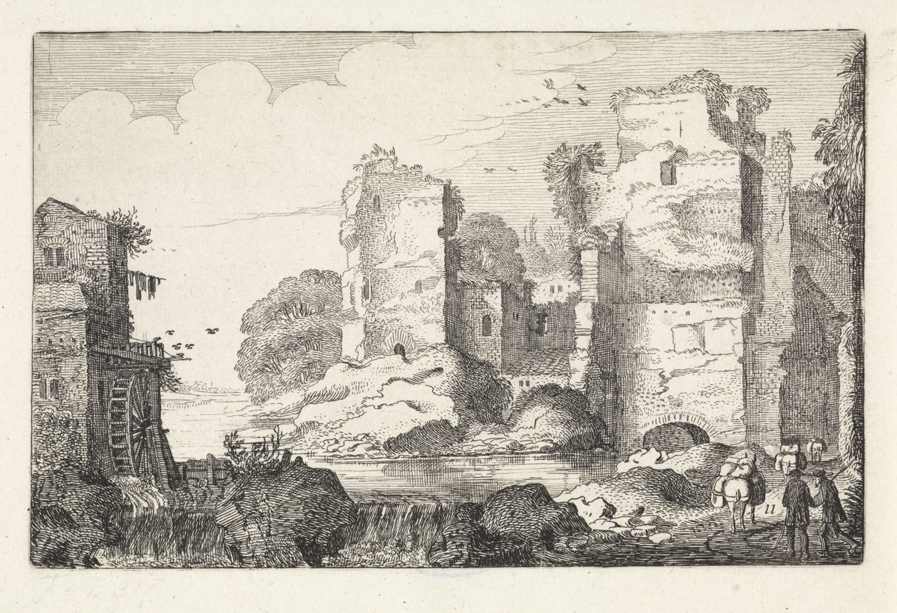 Landschap met ruïnes en een watermolen door Jan van de Velde (II)