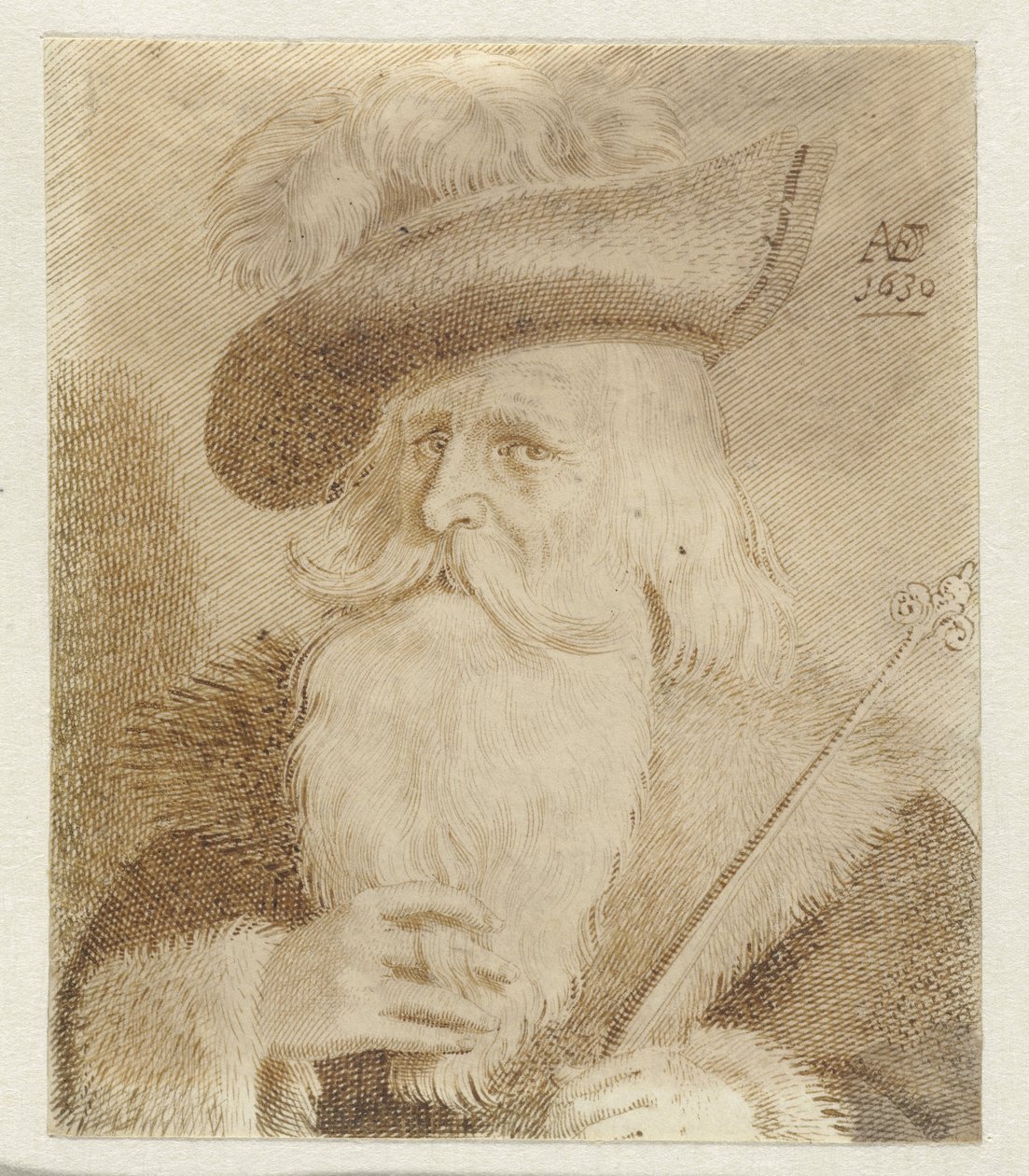Man met bontkraag, hoed en staf door Jan van de Velde (II)