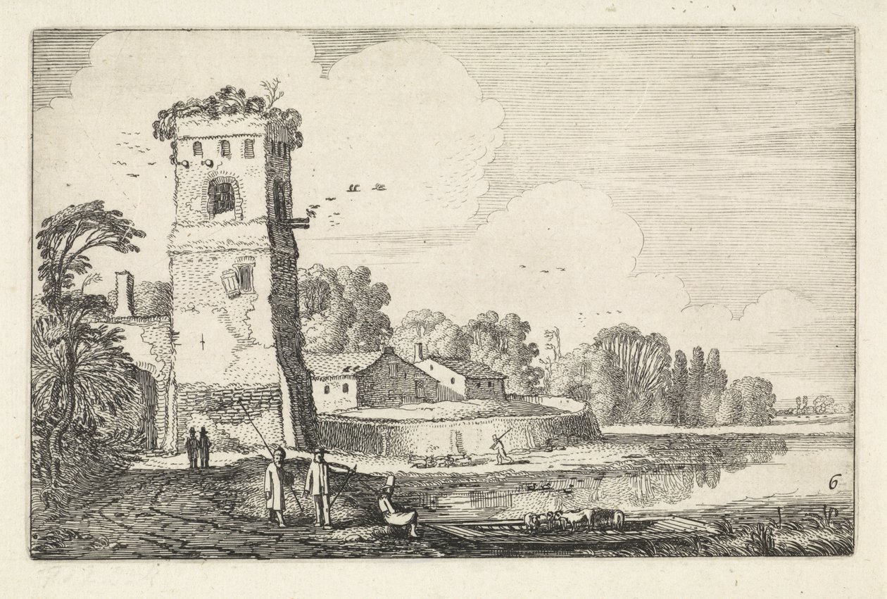 Pont met schapen bij een toren in een rivierlandschap door Jan van de Velde (II)
