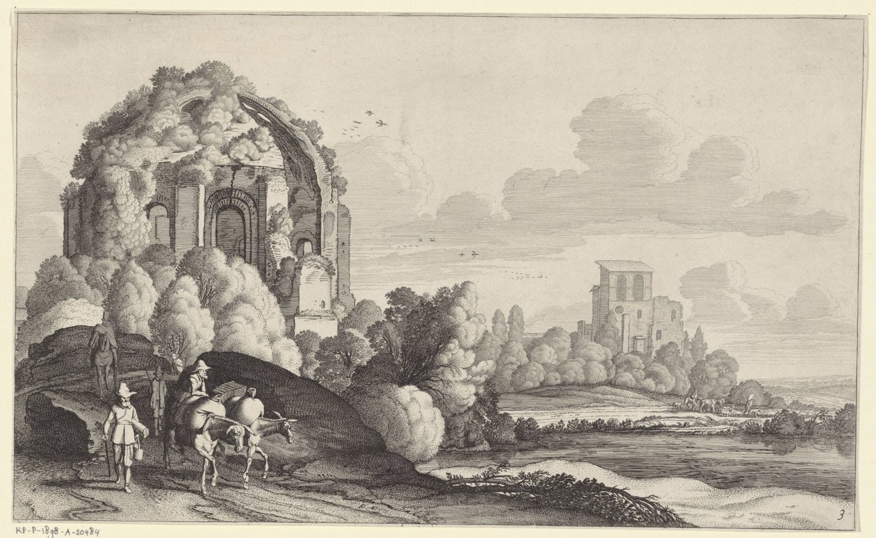 Reizigers bij de Tempel van Minerva Medica bij Rome door Jan van de Velde (II)