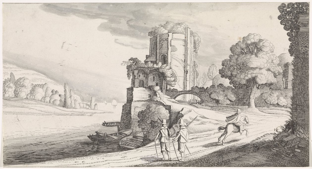 Ronde toren aan een rivier door Jan van de Velde (II)