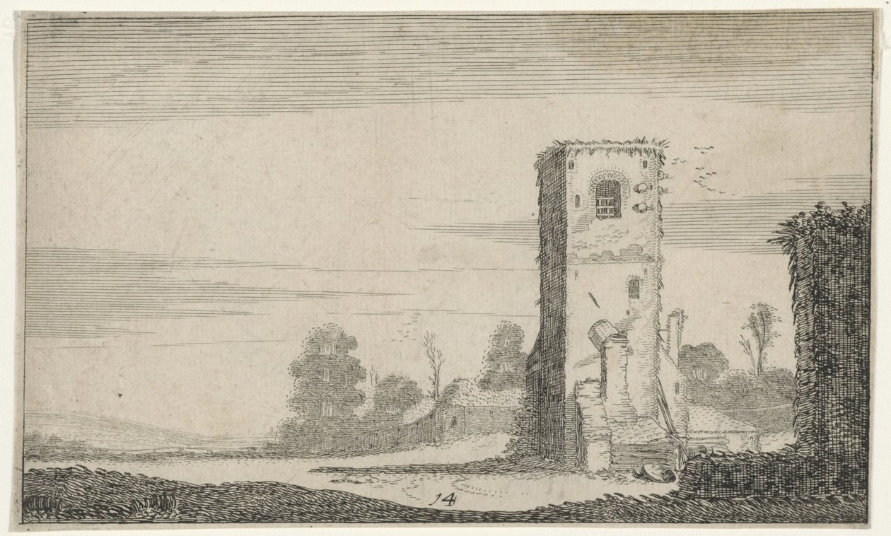 Ruïne van een toren in een landschap door Jan van de Velde (II)