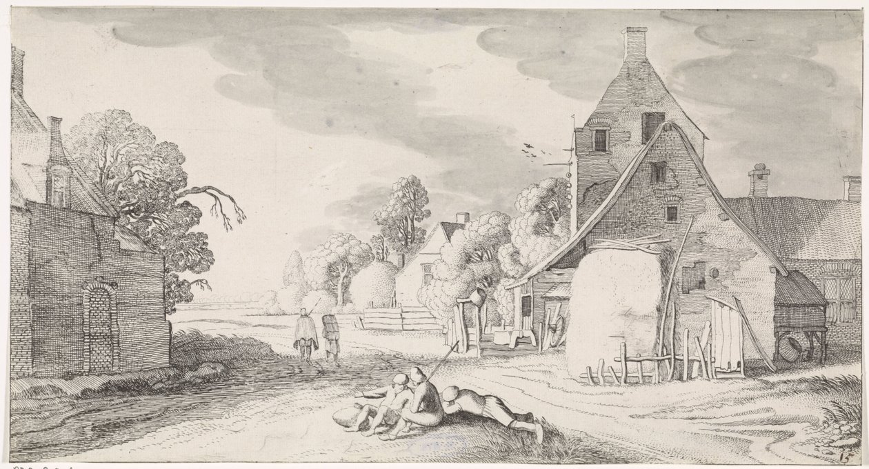 Rustende boeren langs een weg in een dorp door Jan van de Velde (II)