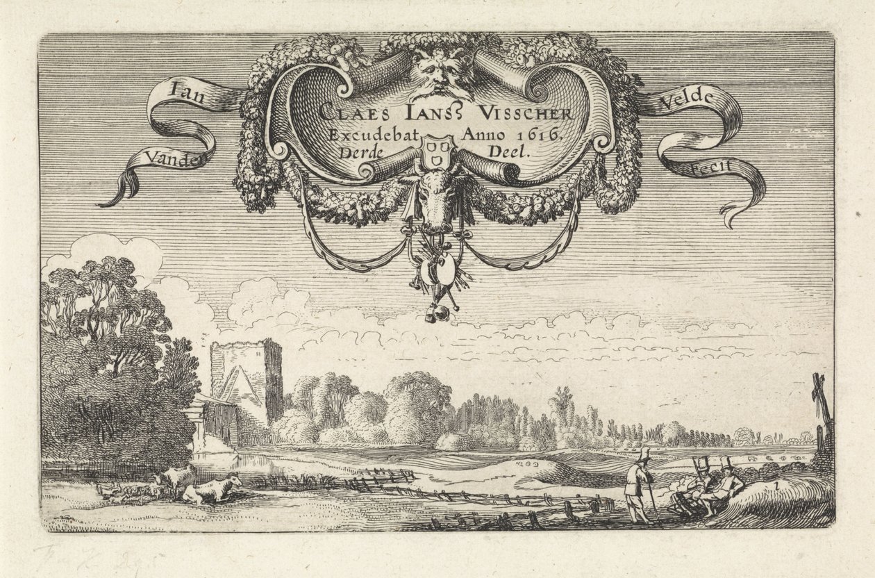 Rustende figuren in een landschap met koeien en een toren door Jan van de Velde (II)