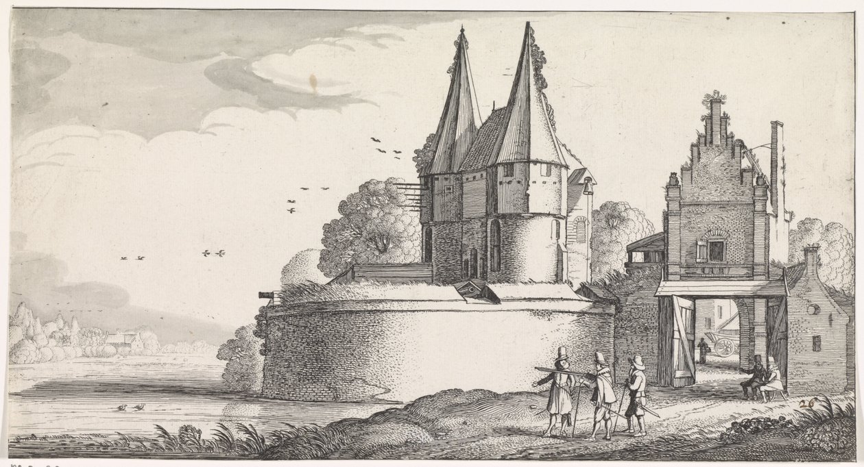 Soldaten bij een fort en een stadspoort aan een rivier door Jan van de Velde (II)