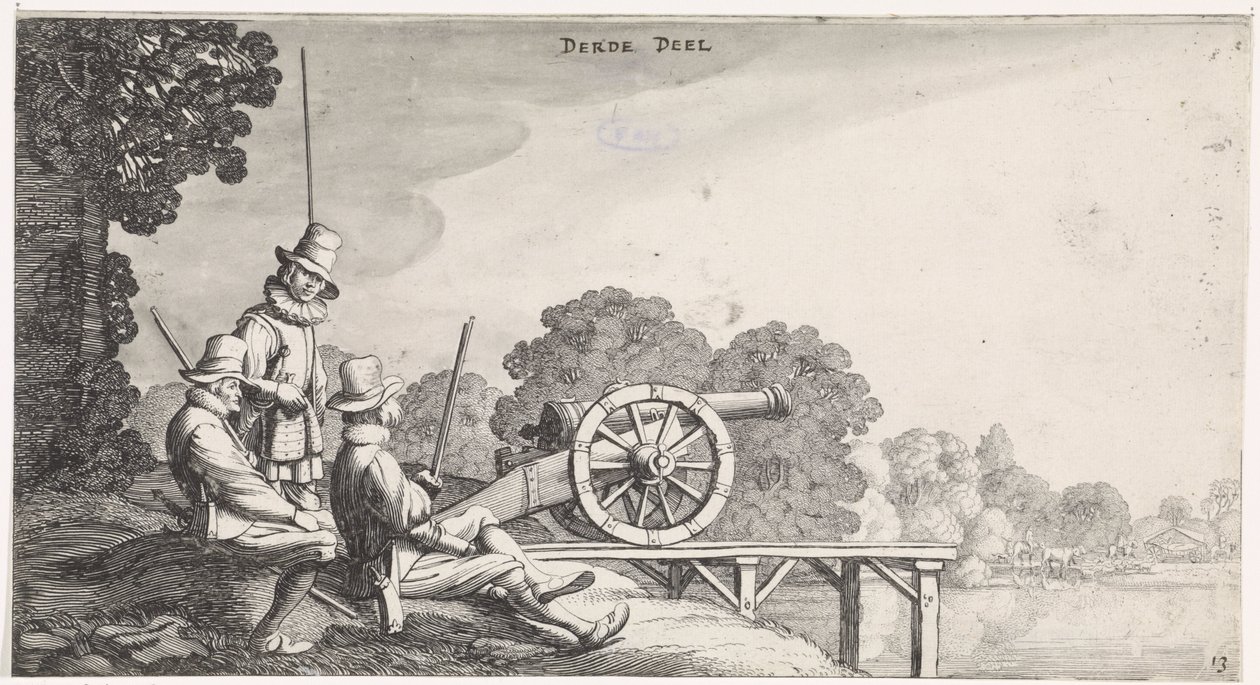 Soldaten bij een kanon op een steiger aan een rivier door Jan van de Velde (II)