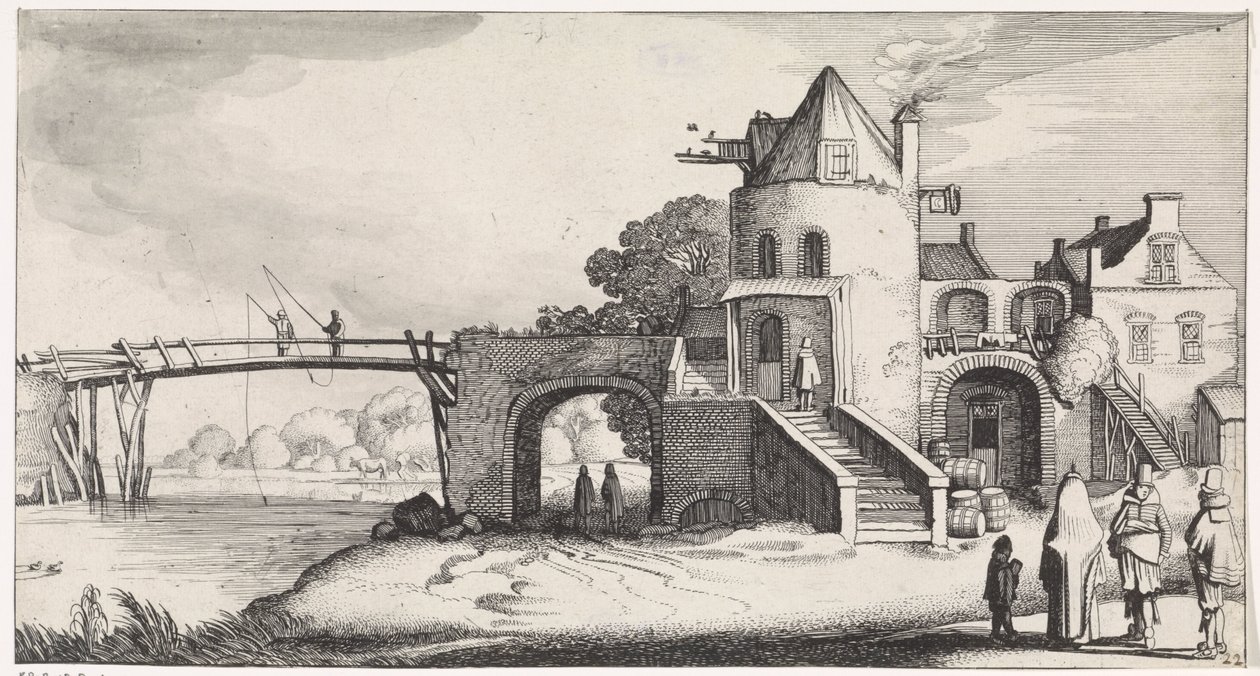 Tolhuis met houten brug over de rivier door Jan van de Velde (II)