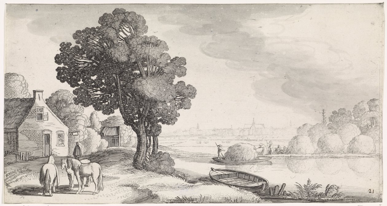 Transport van hooi op een rivier met Haarlem in de verte door Jan van de Velde (II)